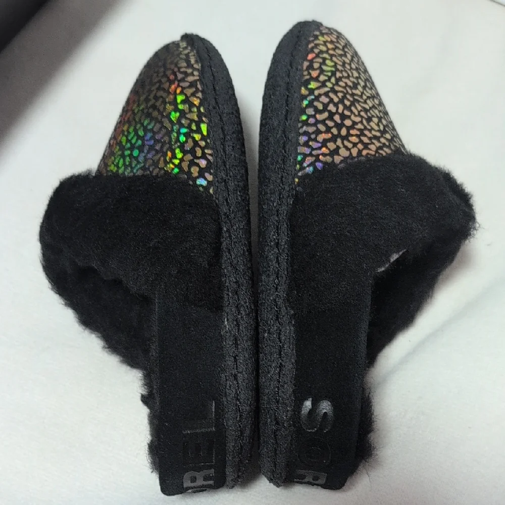 Sorel Nakiska Slide II Iridescent & Black Suede Slippers Youth Size 2